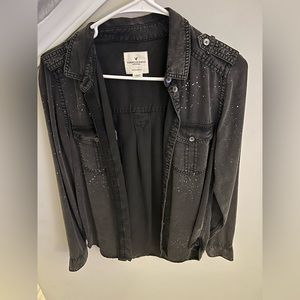 American Eagle Outfitters black chambray shirt with white paint splatter detail